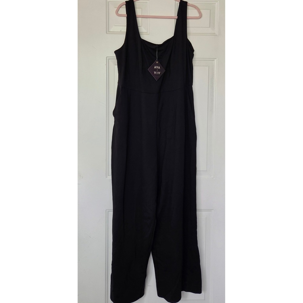 Ava & Viv Womens Plus Size 1X Black Sleeveless Wide Leg Jumpsuit Square Neck NWT